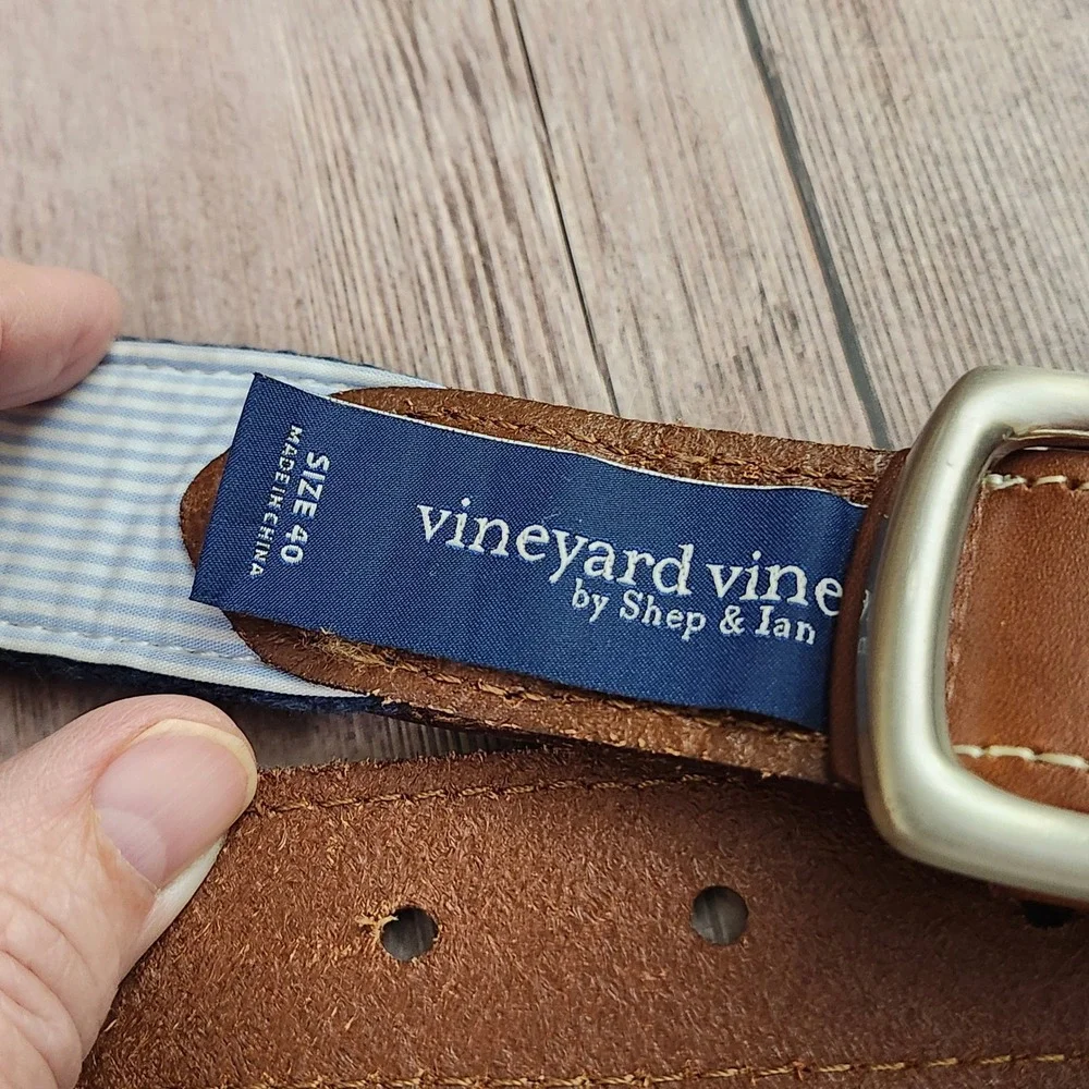 Vineyard Vines Mens Navy Blue Sea Turtle Canvas Leather Club Belt Size 40 Preppy